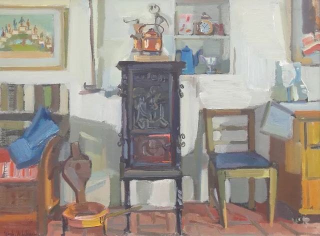 GERHARD WIHLBORG. "Interiör med sättugn". Olja på duk, signerad.