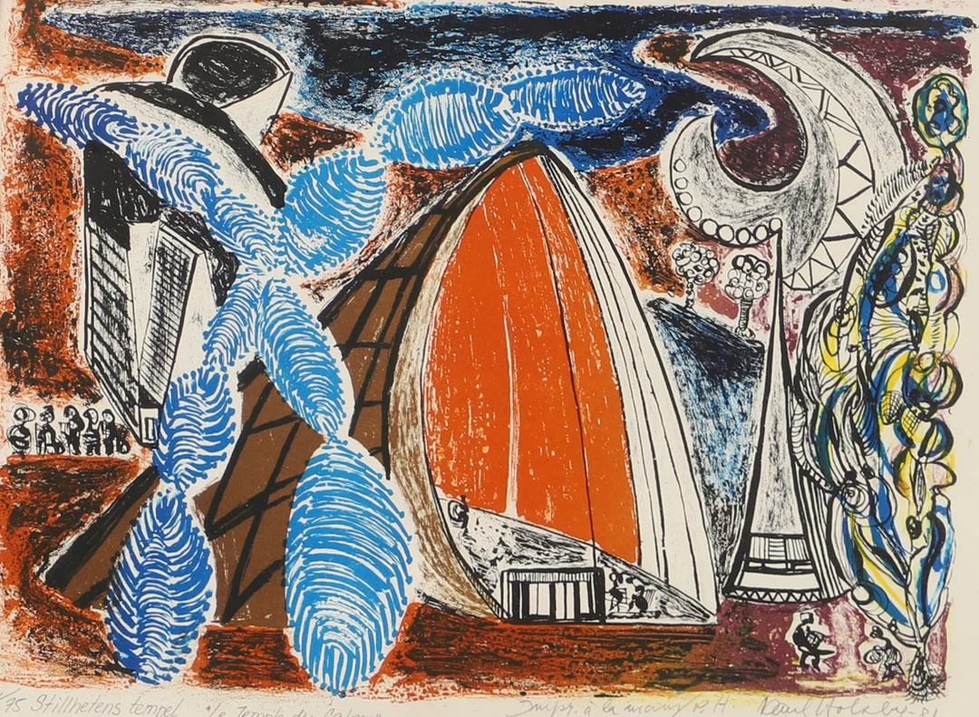 PAUL HOLSBY. "Stillhetens tempel", färglitografi, signerad -81. — Engravings & Prints — Helsingborgs Auktionskammare