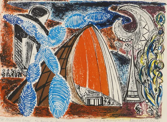 PAUL HOLSBY. "Stillhetens tempel", färglitografi, signerad -81.