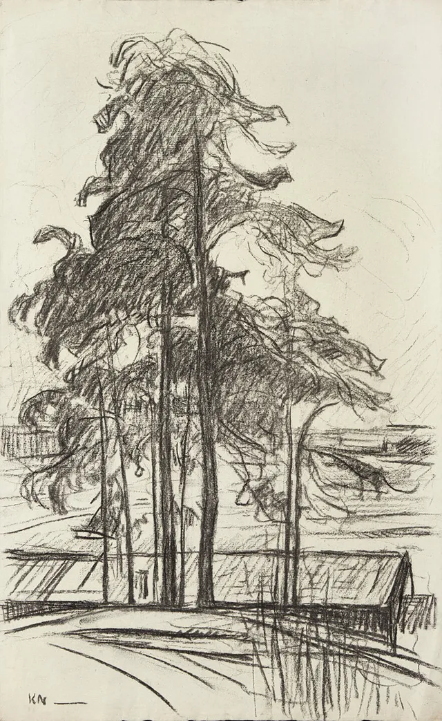 KARL NORDSTRÖM (Tjörn 1855-1923 Drottningholm). Landskap med tallar och huslänga, signerad, daterad 1913, kol på papper.