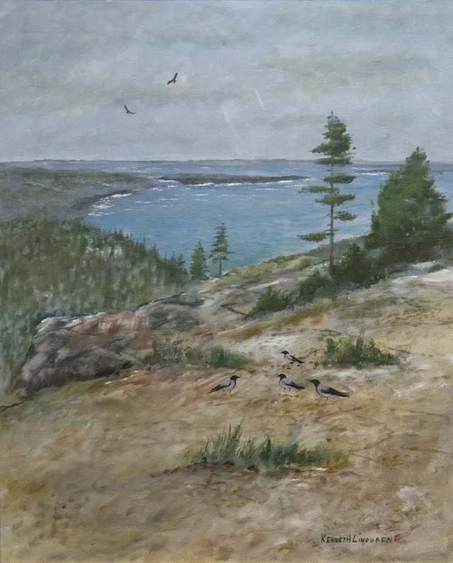KENNETH LINDGREN. olja på duk, landskap med kråkor.