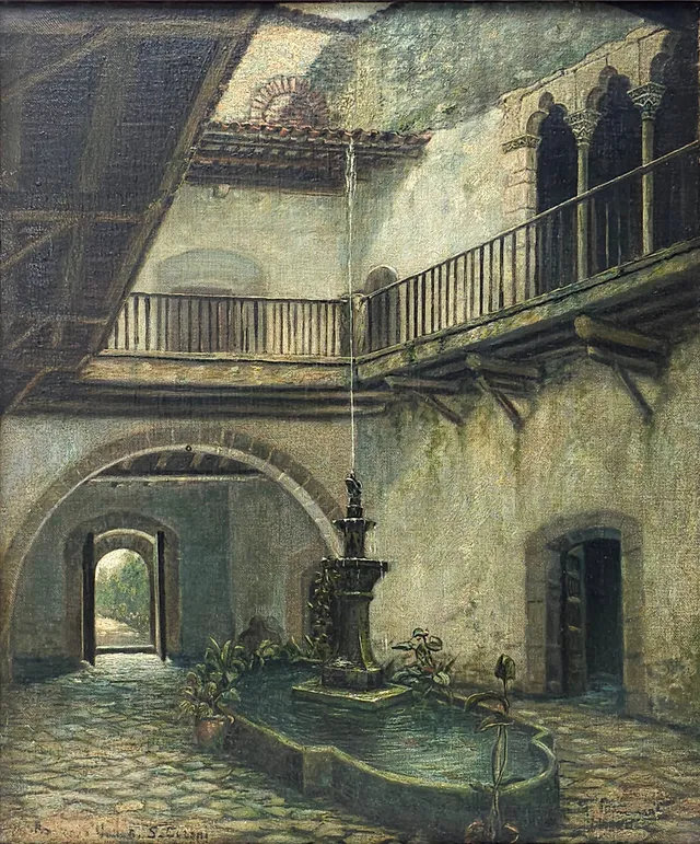 ESCUELA ESPAÑOLA SIGLO XX. FIRMA ILEGIBLE. PATIO CON FUENTE. ÓLEO SOBRE LIENZO.