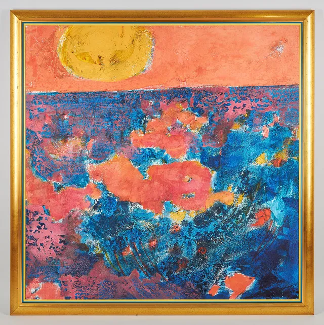 REIDAR SÄRESTÖNIEMI. Kvällens färger sprakar, olja och tempera på duk.