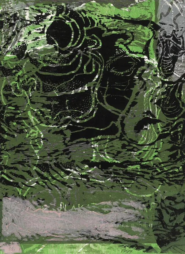 Untitled. Signed PK 87, 9/10. Woodcut in colours. Sheet size 70×51 cm. Unframed.