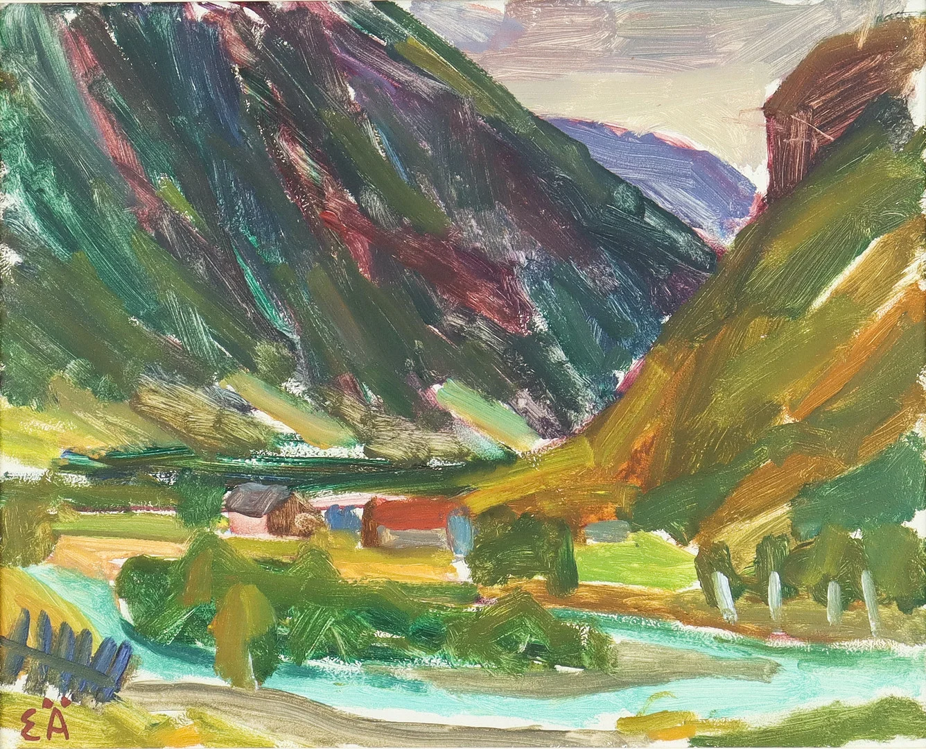 ERLING ÄRLINGSSON. Koloristiskt landskap, olja på pannå. — Paintings — Karlstad Hammarö Auktionsverk