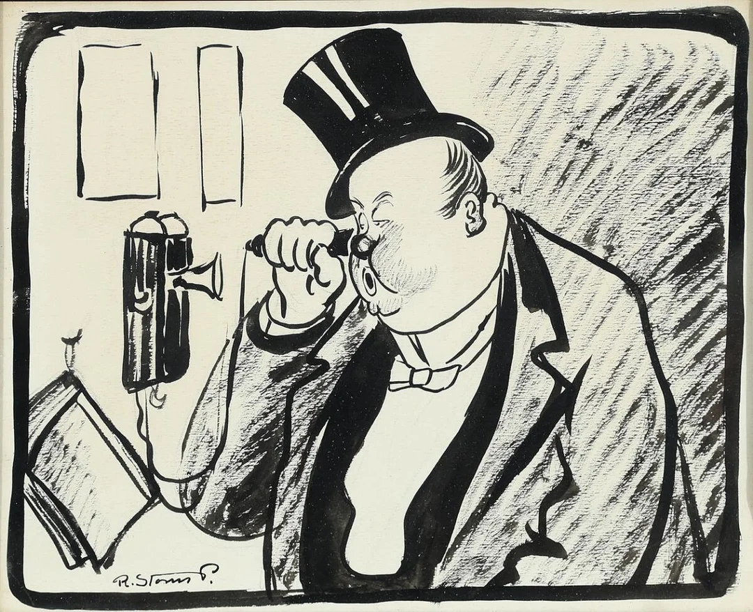 Man with telephone. Signed R. Storm P. Ink on paper. Visible size 21×16 cm. — Modern Paintings/Modern art — Bruun Rasmussen