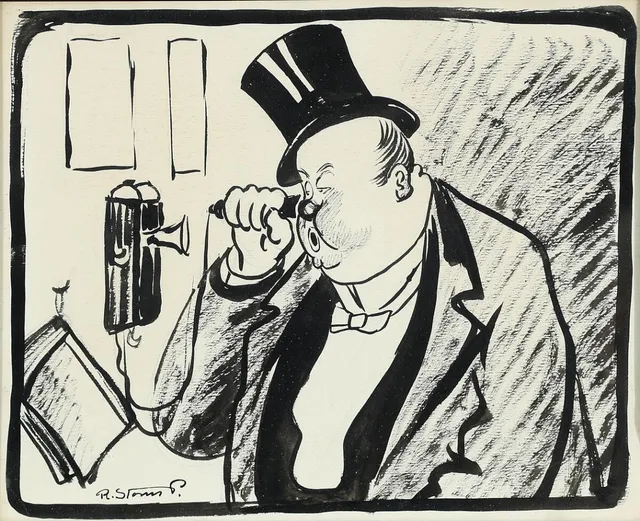 Man with telephone. Signed R. Storm P. Ink on paper. Visible size 21×16 cm.