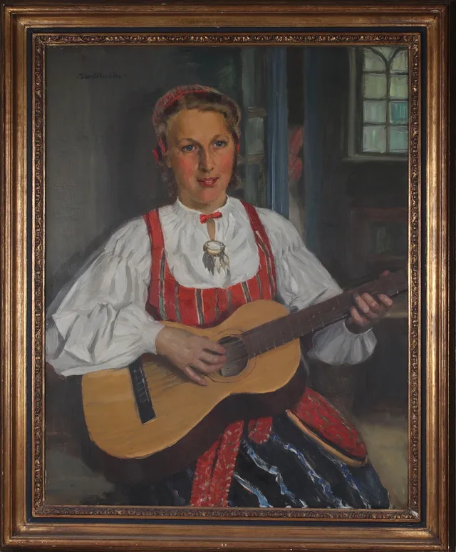 SAM UHRDIN. Gitarrspelerska, olja på duk, signerad.