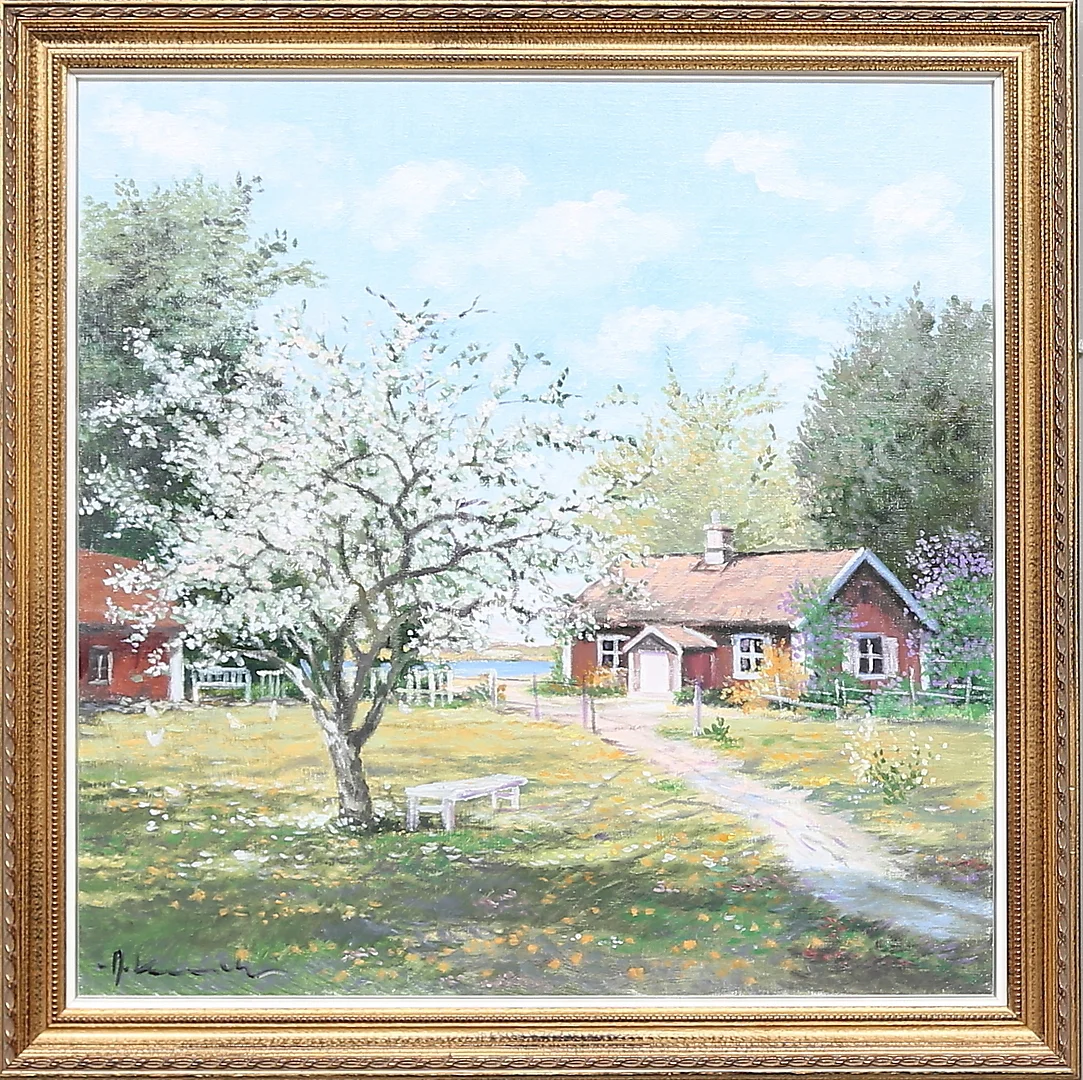 ALEXANDER KUNICKI. Olja på duk, "blommande trädgård" signerad. — Paintings — Gomér & Andersson Linköping
