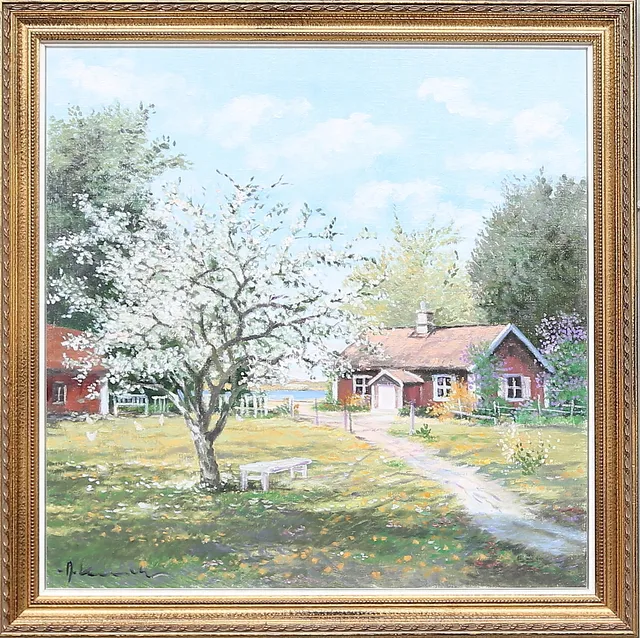 ALEXANDER KUNICKI. Olja på duk, "blommande trädgård" signerad.
