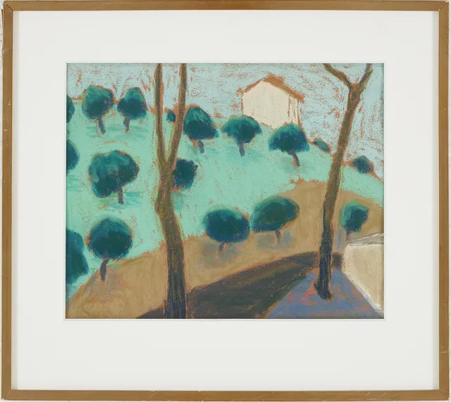 ANDERS THYBERG. Spanskt landskap, Cadaqués, 1951, monogramsignerad, pastell.