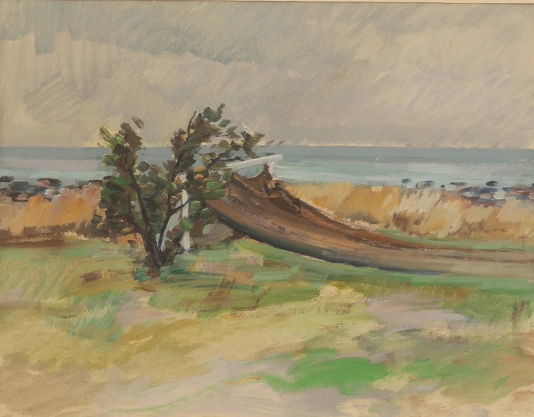 GUNNAR MOSSBERG. Tillskriven, blandteknik, strandmotiv, ej signerad. — Paintings — RA Auktionsverket Norrköping