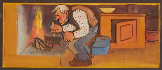 HAMPE SVANBERG. Interiör, relief, kolorerad träskuren, signerad HHS, á tergo med påskrift samt daterad 1934.