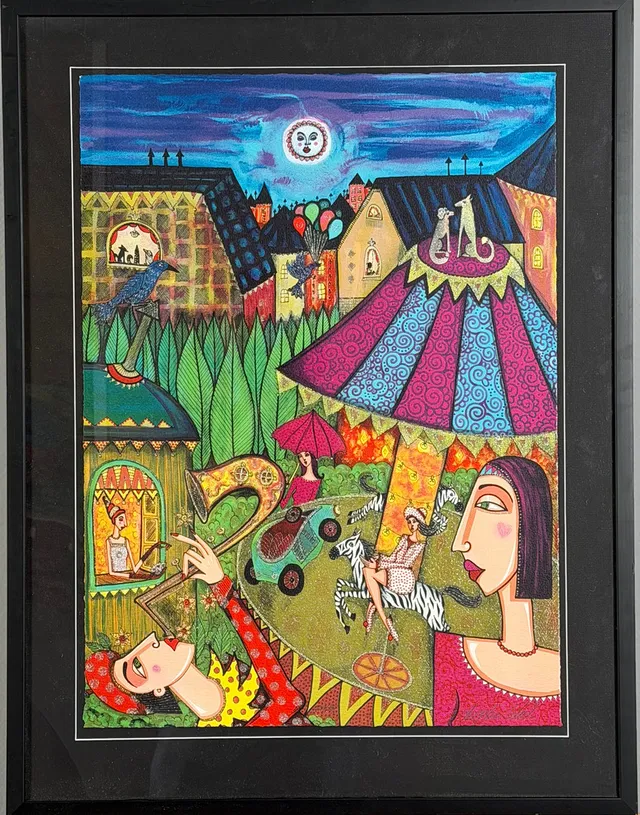 ANGELICA WIIK. "Karusell", färglitografi med glitter, signerad och numrerad 90/290.