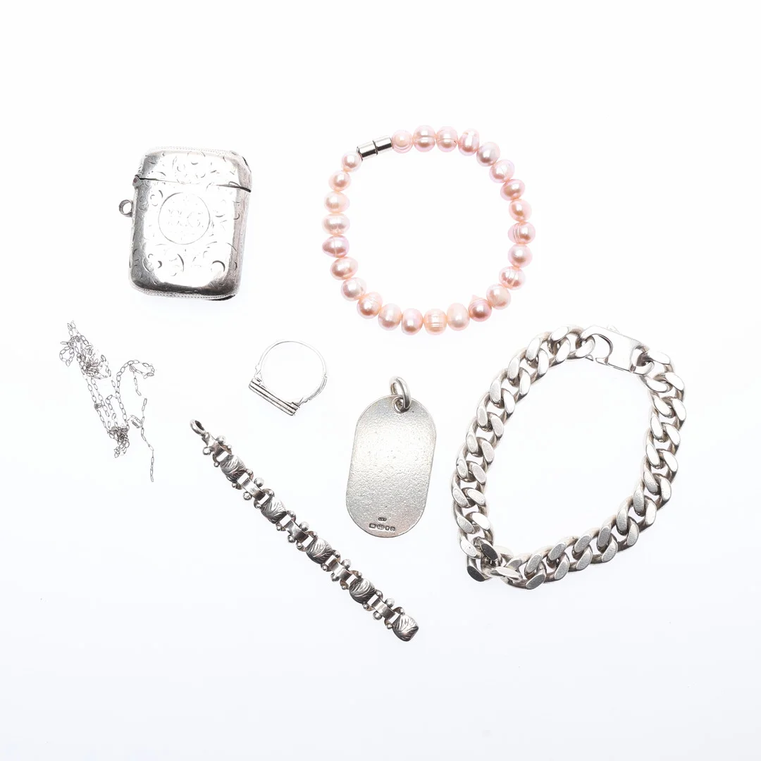 HEAVY SILVER CURB LINK BRACELET,, VESTA AND OTHER SILVER JEWELLERY, APPROX. 125 GRAMS. — Bracelets — Young's Auctions