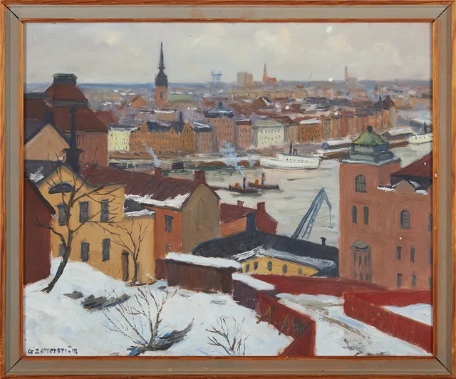 GUNNAR ZETTERSTRÖM. vy mot Riddarholmen, olja på pannå, signerad.