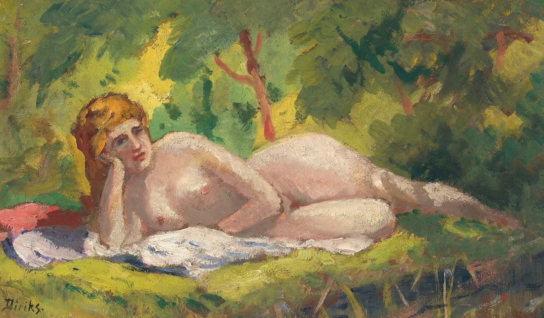 Diriks, Edvard — Hvilende kvinne i grønt landskap — Kunst/Maleri — Blomqvist