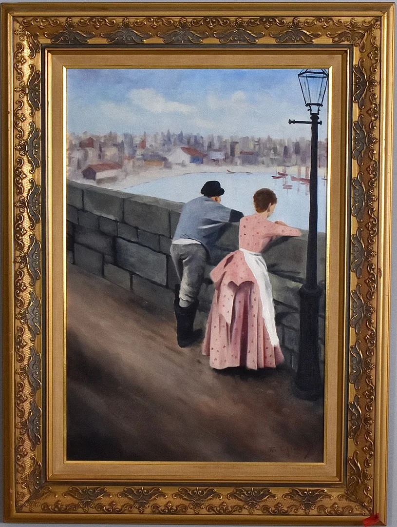 WALTER LILJENBERG. Olja på duk, man och kvinna på bro. — Paintings — Halmstads Auktionskammare