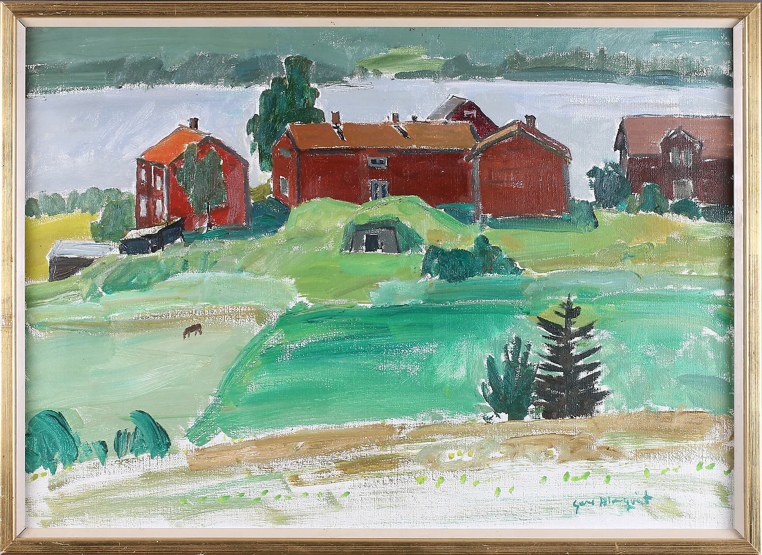 SUNE BLOMQVIST. "Byn Harv Medelpad", olja på duk, signerad. — Paintings — Stadsauktion Sundsvall