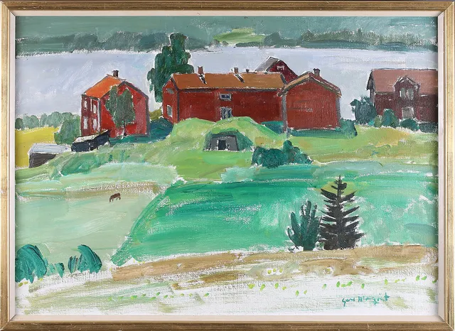 SUNE BLOMQVIST. "Byn Harv Medelpad", olja på duk, signerad.