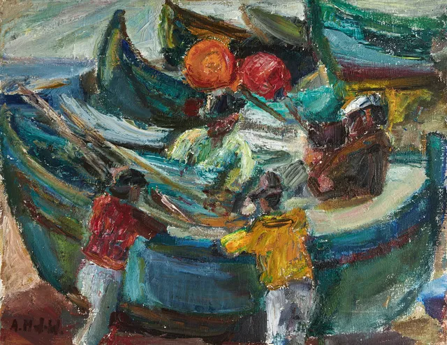 ASTRID MUNTHE DE WOLFE (SVERIGE, STOCKHOLM, FÖDD 1926). Fiskare (Motiv från Madeira), signerad, olja på duk.