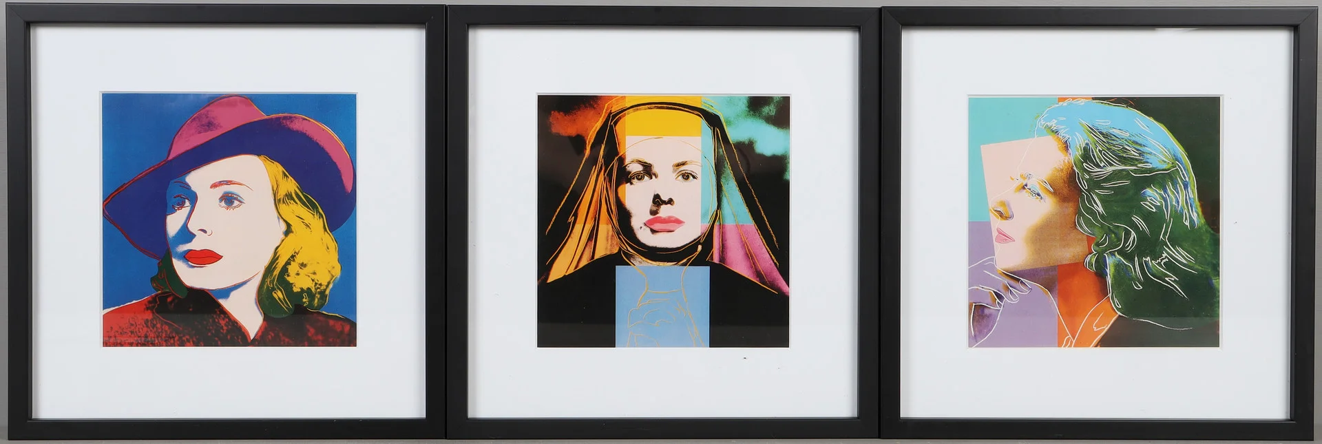 ANDY WARHOL. EFTER. Ingrid Bergman, 3 stycken offsettryck, "The Nun", "With Hat" och "Herself", Galerie Börjeson, Malmö. — Engravings & Prints — Stockholms Auktionsverk Helsingborg