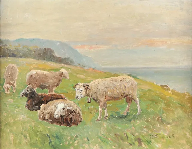 CARL TRÄGÅRDH. Oljemålning på duk. Får i landskap. Signerad.