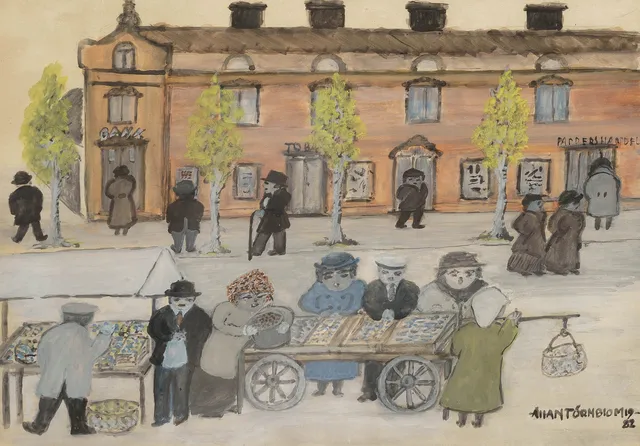 ALLAN TÖRNBLOM. Blandteknik på papper "Folk-strömning på Rådhustorget" signerad, daterad 1982.
