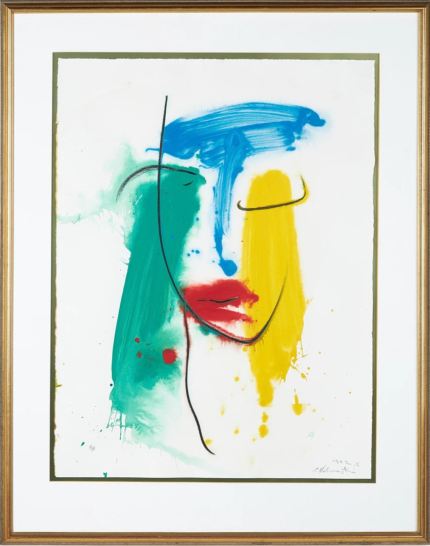 JAN NALIWAJKO. Komposition med ansikte, blandteknik på papper, daterad 1992.5. — Paintings — Stockholms Auktionsverk Sickla
