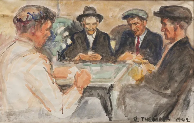 GUNNAR THEANDER. POKERSPELARE, akvarell, signerad och daterad 1942.