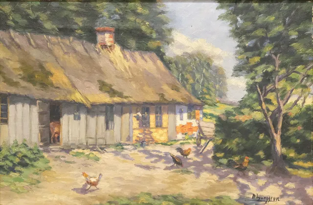 BROR LJUNGGREN. BONDGÅRD MED HÖNS, OLJA PÅ DUK.