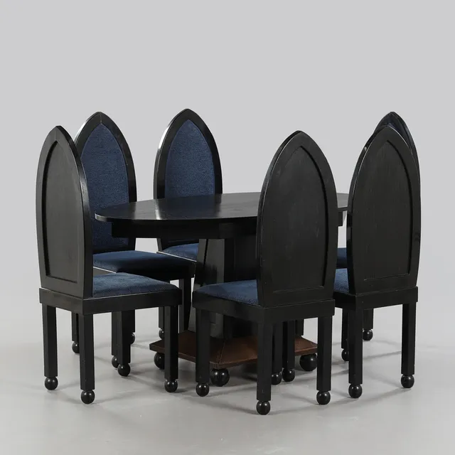 BELA HRADIL. matgrupp, 7 delar, Art Deco, ritat av Béla Hradil under 1930-talet, okänd snickare.