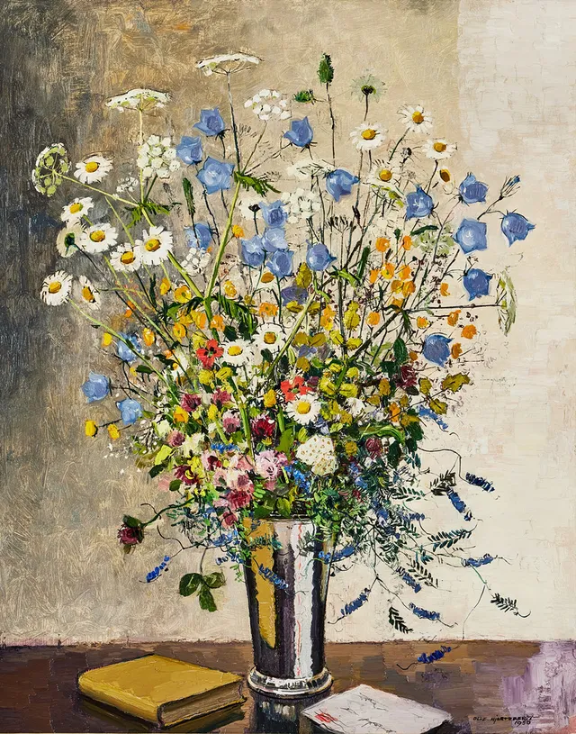 OLLE HJORTZBERG. Midsommarblomster, olja på pannå, 93 x 72 cm.