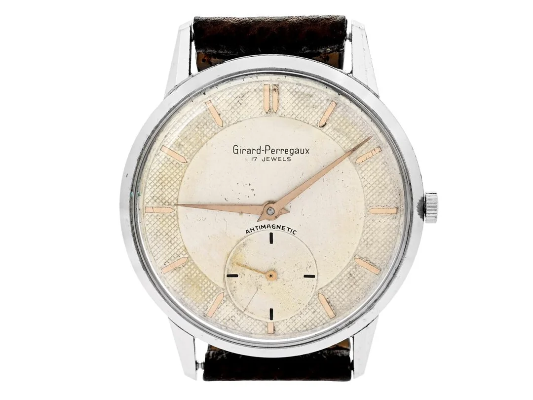 GIRARD-PERREGAUX, herrur, 35 mm, Cal 03 E 879, Boett nr. 9250 FH, stål, manuell, plexiglas, liten sekundvisare, skadad urtavla, läderband, ca 1958. — Klockor/Girard-Perregaux — Kaplans