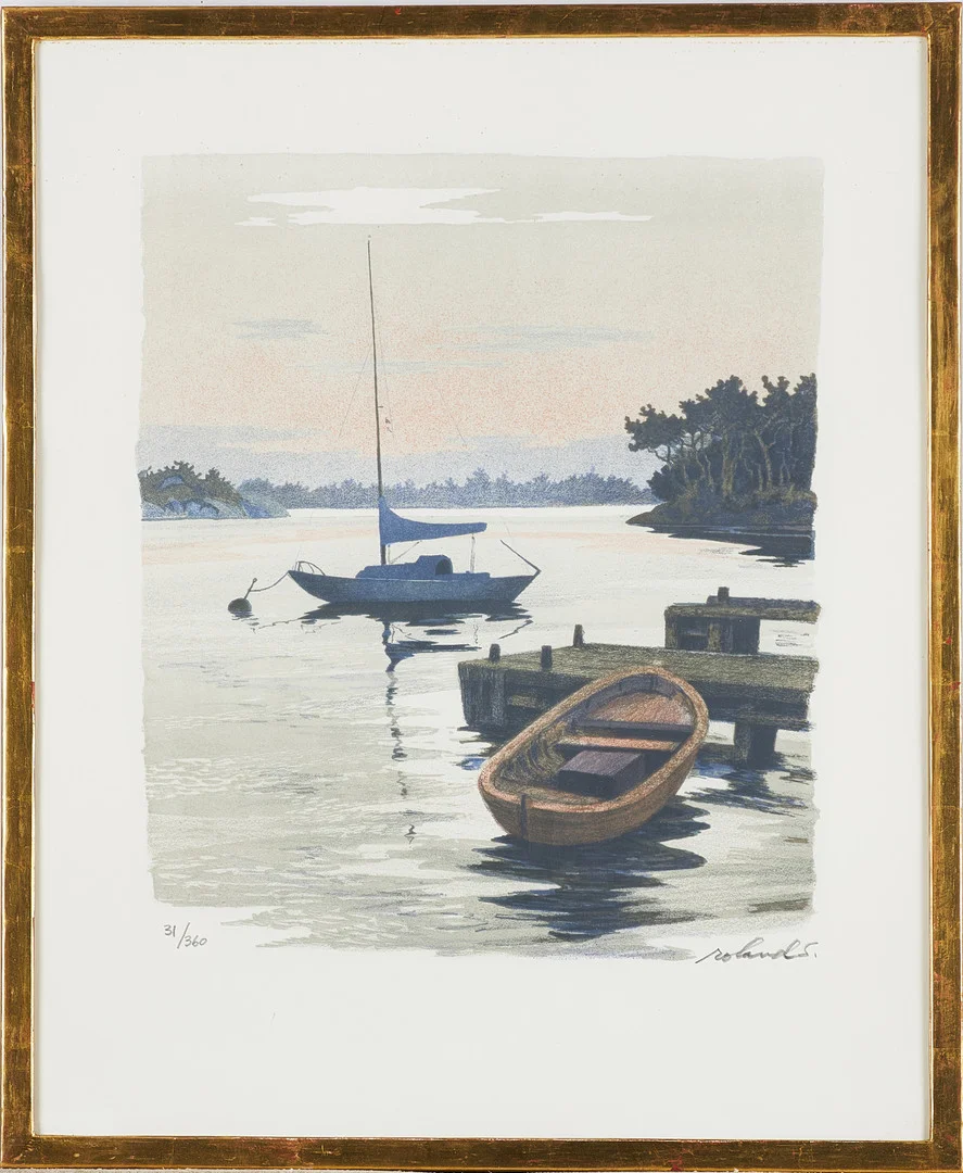 ROLAND SVENSSON. Sommarkväll Tärnö", färglitografi, signerad roland S, 31/360. — Engravings & Prints — Stockholms Auktionsverk Magasin 5