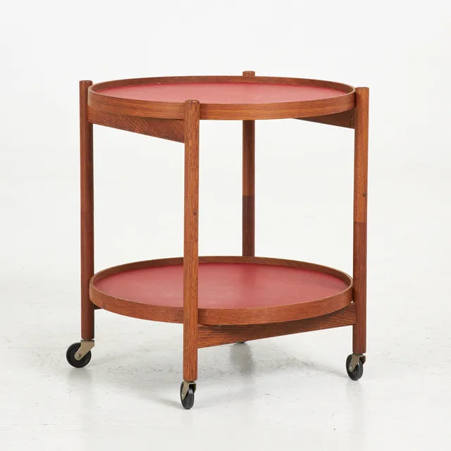 SERVERINGSVAGN, betsad ek och lackerade brickor, vändbara, hjultrissor, etikettmärkt, Torben Ørsko & Co, Danmark, 1950-tal.