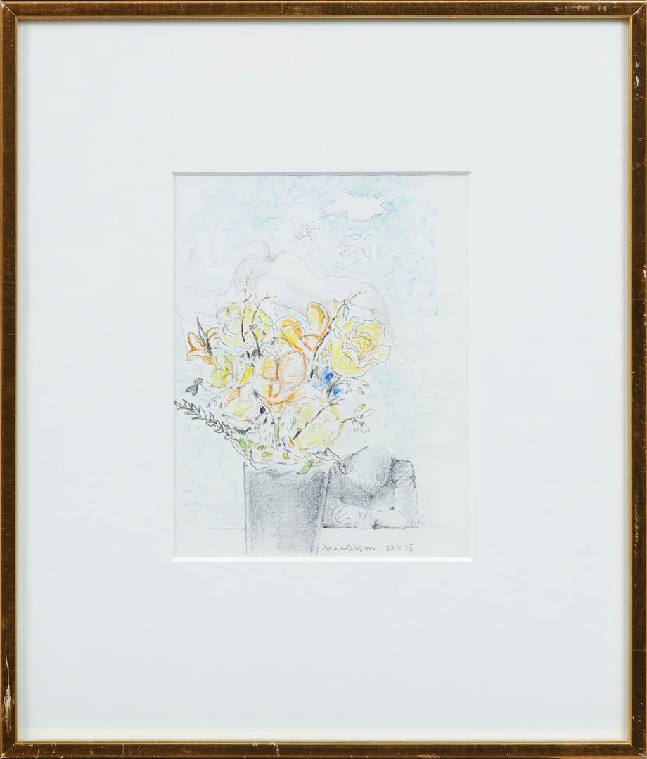 AXEL OLSON. Komposition med blombukett och figurer, teckning, signerad och daterad 78. — Drawings — Göteborgs Auktionsverk