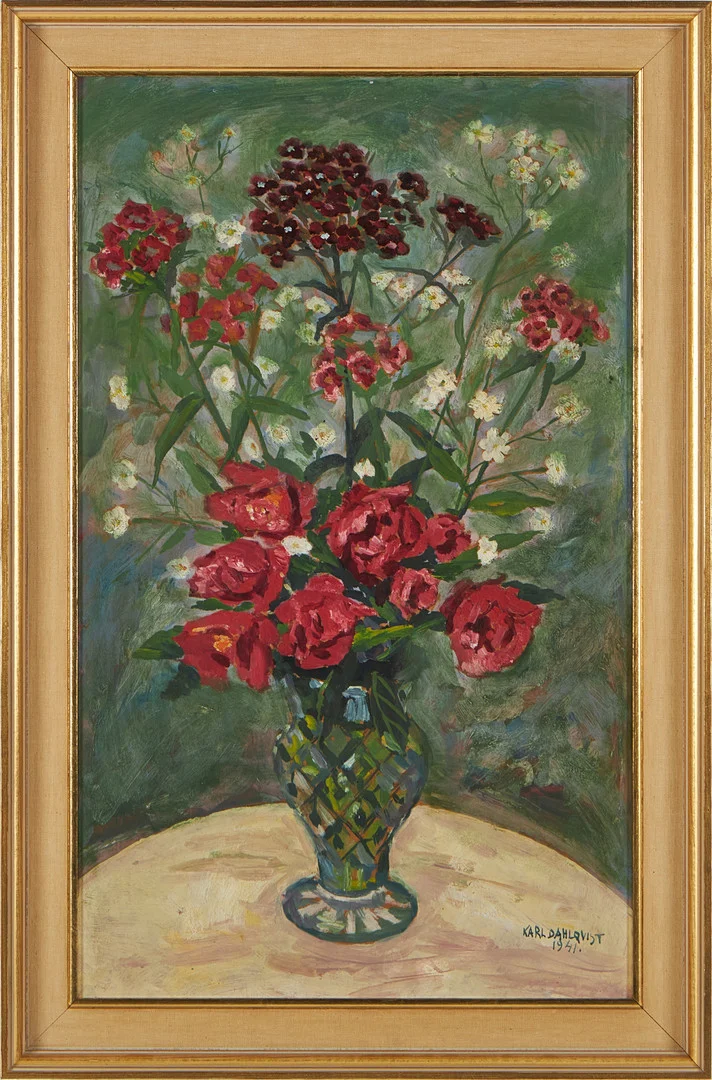 KARL DAHLQVIST. Stilleben, blommor i vas, olja på pannå, signerad Karl Dahlqvist, 1941. — Paintings — Stockholms Auktionsverk Magasin 5