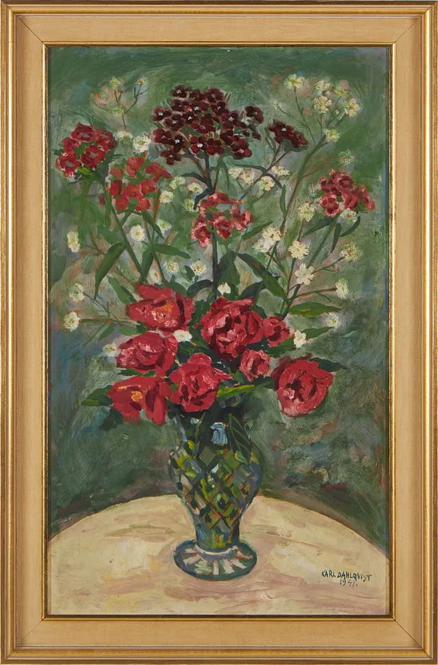 KARL DAHLQVIST. Stilleben, blommor i vas, olja på pannå, signerad Karl Dahlqvist, 1941.
