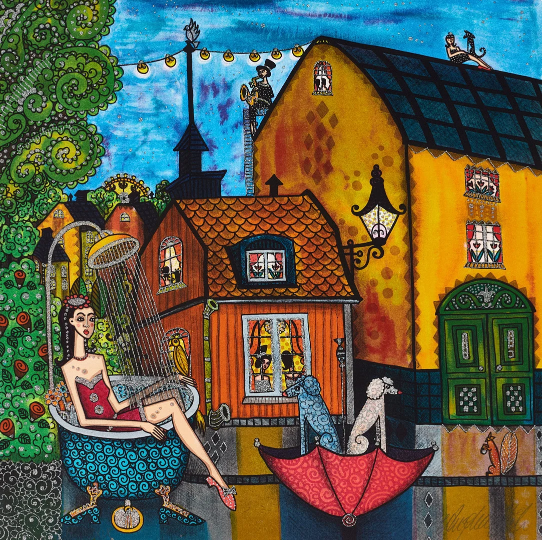 ANGELICA WIIK (född 1960). Lilla huset på söder, ur Stockholmsdrömmar, signerad, HC X/XIX, färglitografi med glitter. — Engravings & Prints — Crafoord Auktioner Stockholm