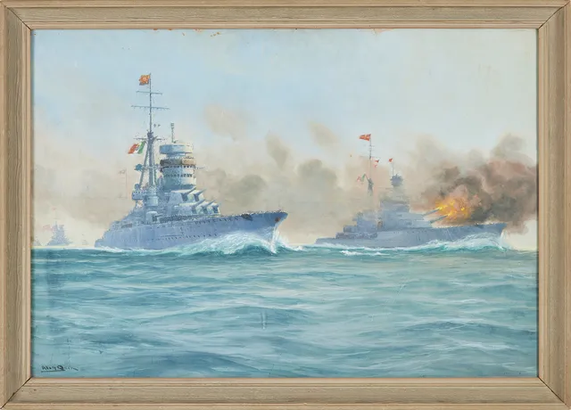 ADOLF BOCK. Italienska krigsfartyg, gouache, signerad.