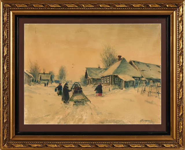 MIKHAIL ABRAMOVICH BALUNIN, Ryssland, 1800-tal, vinterlandskap med bygata. Akvarell, signerad.