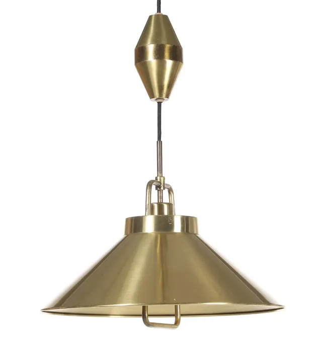 A brass pendant, adjustable height mechanism and brass canopy. Model P 295. Manufactured and marked by Lyfa. H. 35. Diam. 44 cm.