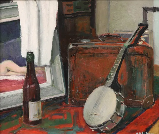 ARNO VIHALEMM (ESTLAND 1911-1990). Stilleben med flaska och banjo, signerad.