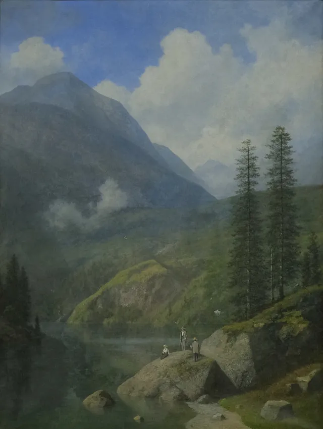 GEORG EMIL LIBERT. NORSKT FJORDLANDSKAP MED SÄLLSKAP PÅ KLIPPHÄLL.