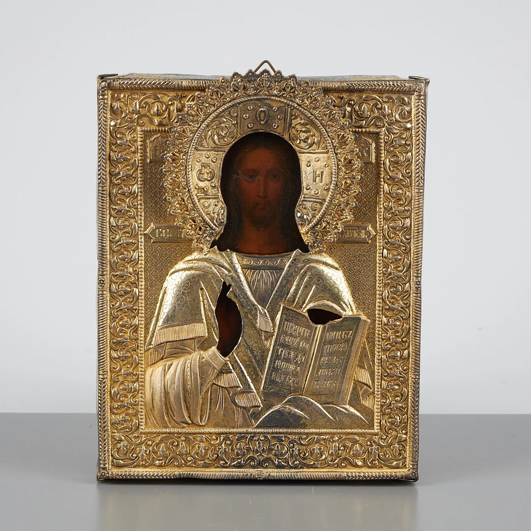 IKON, Ryssland, Kristus Pantokrator, silverrisa Moskva 1856, Viktor Vasilievich Savinsky. — Other — Stockholms Auktionsverk Helsinki