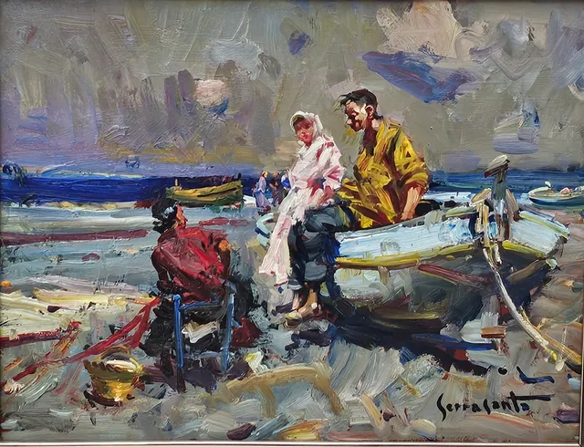 JOSEP SERRASANTA. ÓLEO TABLEX. EN LA PLAYA.
