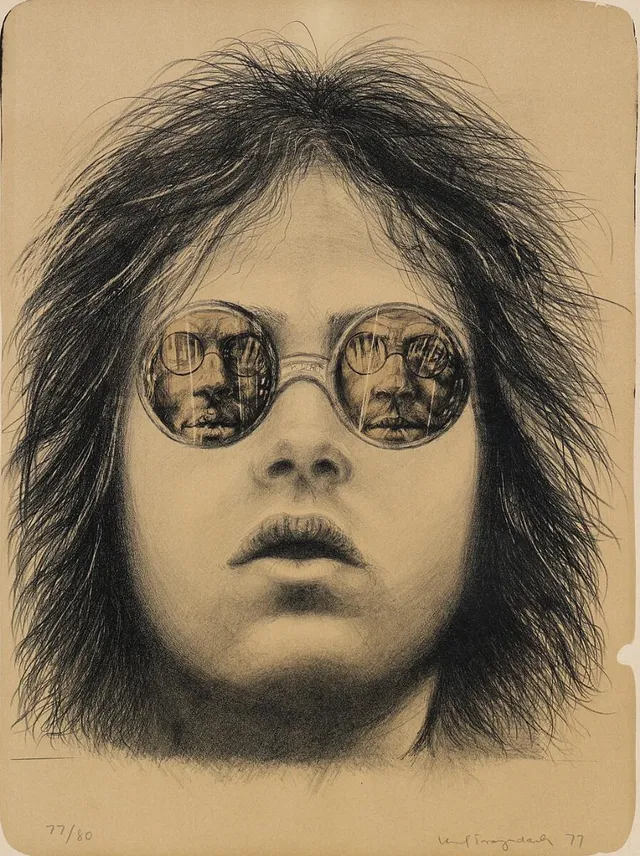 Self-portrait. Signed Kurt Trampedach 77, 77/80. Lithograph. Visible size 76×55 cm.