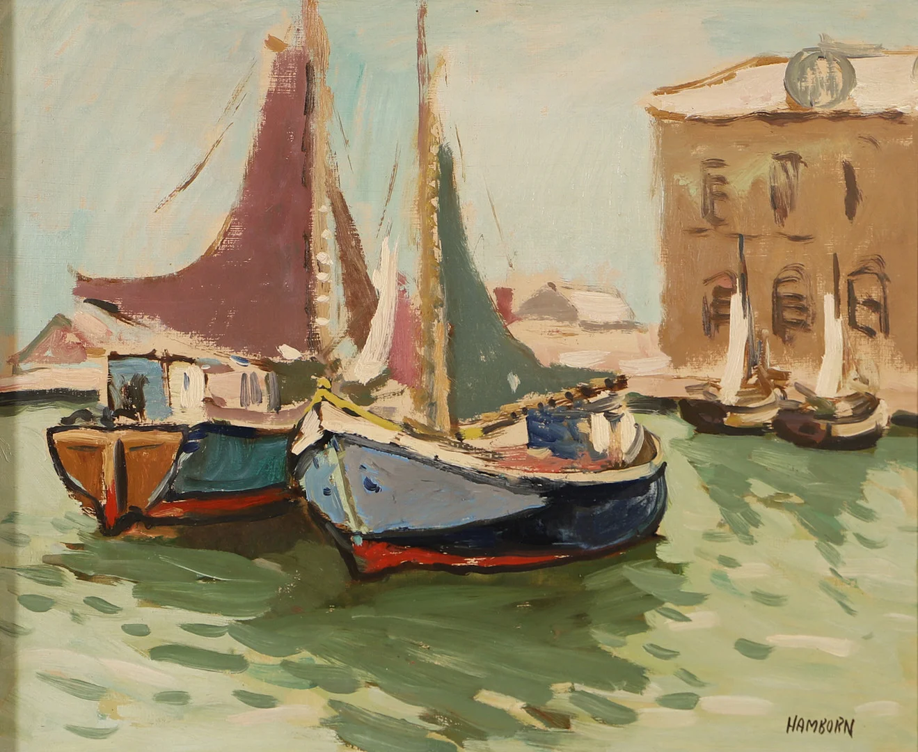 AXEL HAMBORN. Segelbåtar vid hamnen, olja på duk, signerad Hamborn. — Paintings — Helsingborgs Auktionskammare