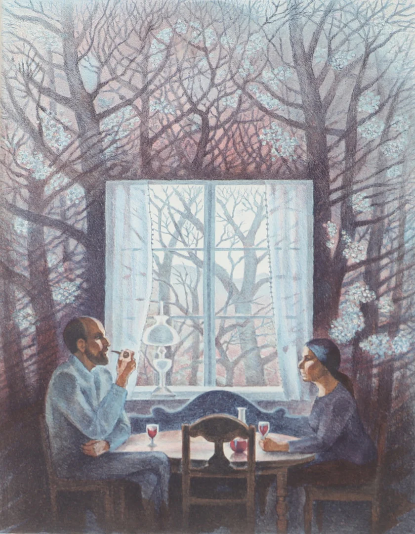 CAJE HUSS. Samtal över vin, färglitografi, signerad 1978. — Engravings & Prints — Helsingborgs Auktionskammare
